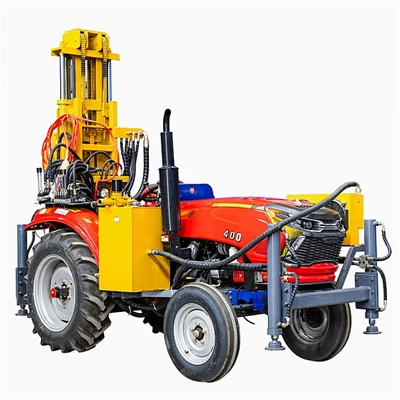Pnevmatska naprava za vrtanje vodnih vodnjakov, nameščena na traktor