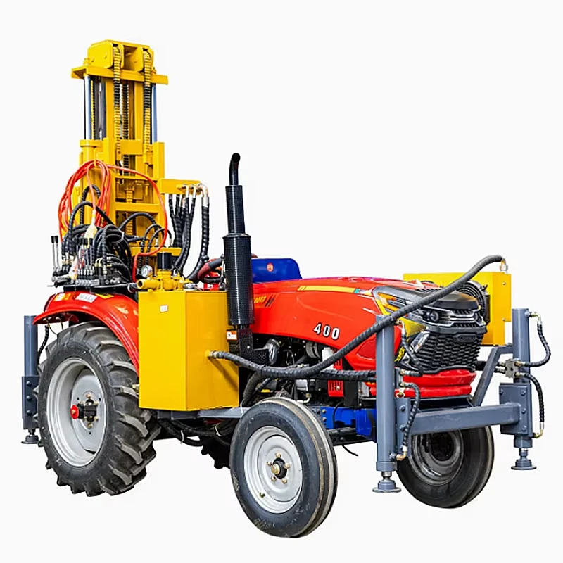 Pnevmatska naprava za vrtanje vodnih vodnjakov, nameščena na traktor